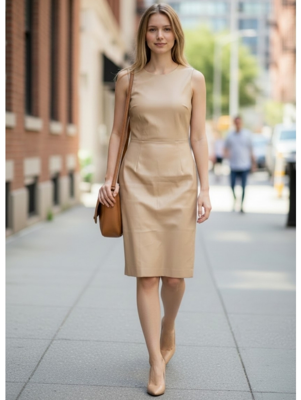 New Ann Taylor petite faux leather sheath dress beige sleeveless classic career